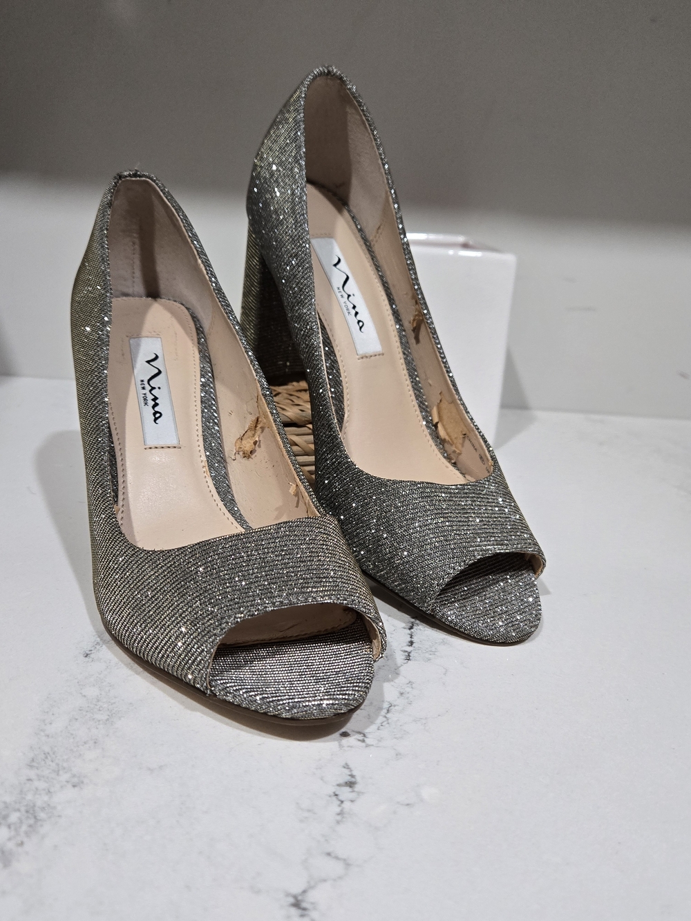 Y2K Glam Nina Silver Glitter Peep Toe High Heels Sz 7.5 Girls Night Out Party
